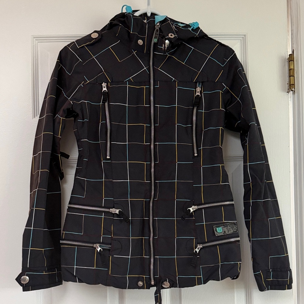 Women’s XS Burton Black and Blue Snowboard Windowpane Hooded ski Snow Jacket